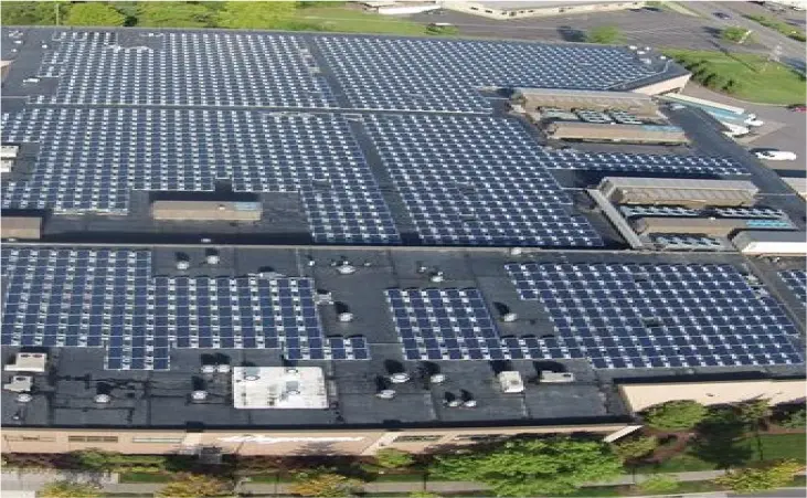 Large flat roof building with an extensive solar array